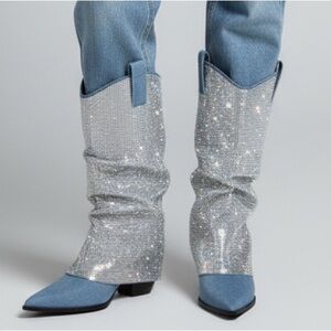 LILIANA Boots NEW Rhinestone Cowboy Fold Over Denim Blue Size 7.5